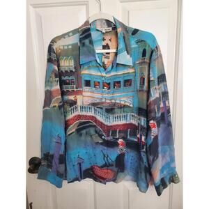 Vintage Nicole Taylor Silk Beaded Scenic Landscape Venice Italy Print Shirt 1X